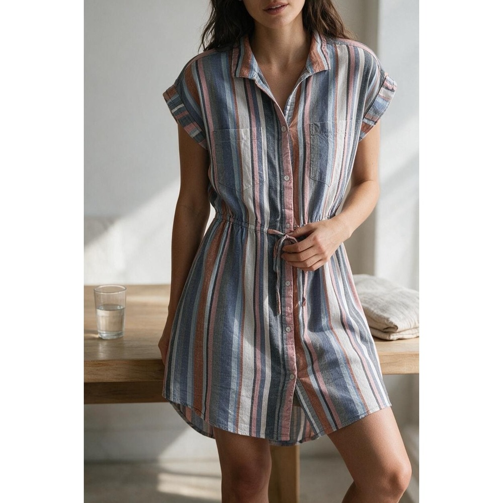 Japna Women M Striped Cotton Button Down Shirt Dress #365C